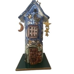 Blue Sky Clayworks Blue Green Ceramic Folk Art Tea Light Candle House EUC